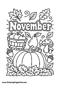 November Coloring Page with Pumpkin Apple and Harvest Basket