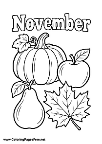 November Coloring Page with Pumpkin Apple Pear and Maple Leaf
