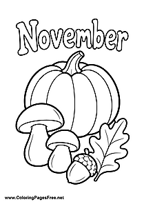 November Coloring Page with Pumpkin Mushrooms and Oak Leaves