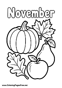 November Coloring Page with Pumpkin Pear Apple and Leaf