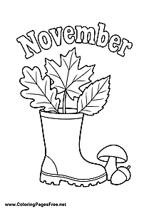 November Coloring Page with Rain Boots Fall Leaves and Mushroom