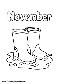 November Coloring Page with Rain Boots in a Large Puddle
