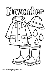 November Coloring Page with Rain Hat Coat and Rain Boots