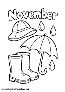 November Coloring Page with Rain Hat Umbrella and Boots