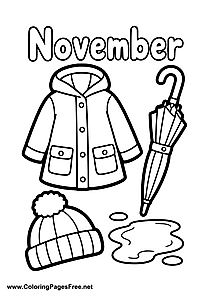 November Coloring Page with Rain Jacket Hat and Umbrella