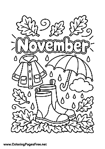 November Coloring Page with Rain Jacket Umbrella and Boots