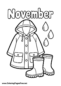 November Coloring Page with Raincoat and Rain Boots