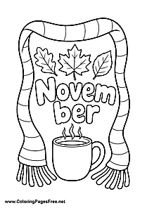 November Coloring Page with Scarf Frame and Hot Tea