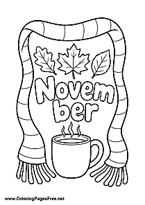November Coloring Page with Scarf Frame and Hot Tea