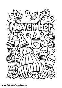 November Coloring Page with Scarf Hat and Hot Chocolate