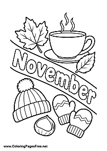 November Coloring Page with Tea Cup and Warm Winter Clothes