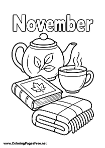November Coloring Page with Teapot Cup and Book