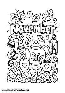 November Coloring Page with Teapots and Fall Decorations