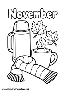 November Coloring Page with Thermos and Hot Autumn Tea