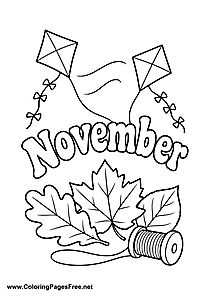 November Coloring Page with Two Kites and Autumn Leaves
