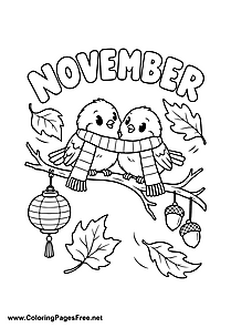 November Coloring Page with Two Sparrows Wearing Scarves