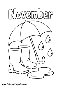 November Coloring Page with Umbrella and Boots in a Puddle