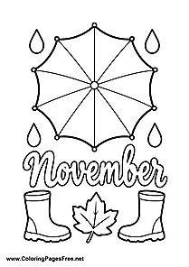 November Coloring Page with Umbrella Rain Boots and Fall Leaves