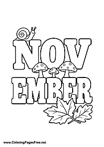 November Lettering Coloring Page with Mushrooms and Leaves