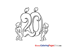 20 Years Angels free Colouring Page Happy Birthday