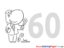 60 Years Hippo for Kids Happy Birthday Colouring Page