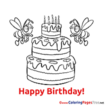 Bees Cake Children Happy Birthday Colouring Page