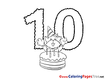 Cat 10 Years Happy Birthday Colouring Sheet free