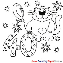 Cat 40 Years for Kids Happy Birthday Colouring Page