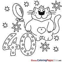 Cat 40 Years for Kids Happy Birthday Colouring Page