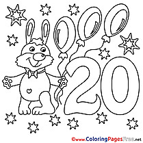 Rabbit 20 Years Colouring Sheet download Happy Birthday