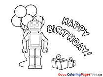 Robot Children Happy Birthday Colouring Page