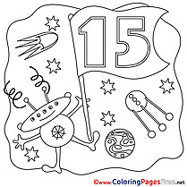 Space 15 Years Kids Happy Birthday Coloring Page