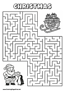 Printable Maze 'Santa Claus and the penguin are looking for the way to their sleigh'