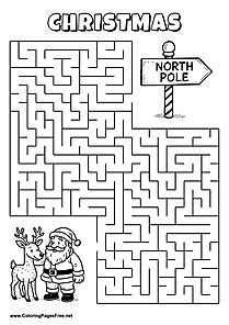 Printable Maze 'Santa Claus and the reindeer are looking for the way to the North Pole sign'
