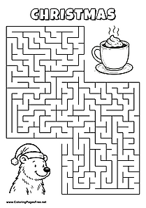 Printable Maze 'The bear with a Christmas hat is looking for the way to the cocoa cup'