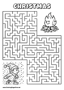 Printable Maze 'The elf in the snowstorm is looking for the way to the fire spot'
