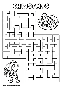 Printable Maze 'The elf is looking for the way to the cookies'