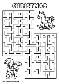 Printable Maze 'The elf is looking for the way to the wooden rocking horse'