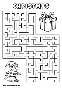 Printable Maze 'The elf on ice skates is looking for the way to the Christmas present'