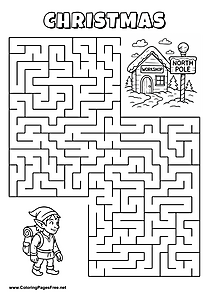Printable Maze 'The elf with a backpack is looking for the way to the workshop at the North Pole'