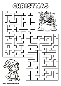 Printable Maze 'The elf with a hat is looking for the way to the sack full of toys'