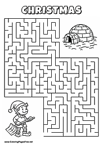 Printable Maze 'The elf with a snow shovel is looking for the way to the igloo in the snow'