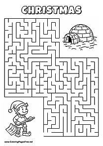 Printable Maze 'The elf with a snow shovel is looking for the way to the igloo in the snow'