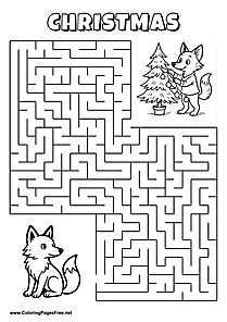 Printable Maze 'The fox with a candy cane is looking for the way to the sweets basket'