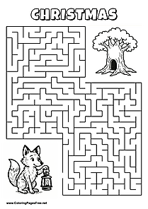 Printable Maze 'The little fox is looking for the way to the snowman'