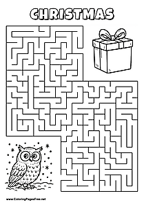 Printable Maze 'The owl in the snow is looking for the way to the present'