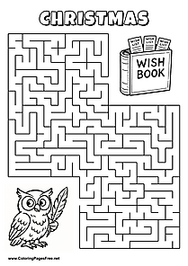 Printable Maze 'The owl is looking for the way to the book with wish lists'