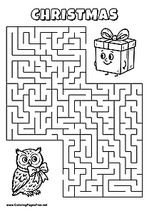 Printable Maze 'The owl is looking for the way to the gift box'
