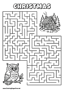 Printable Maze 'The owl on a branch is looking for the way to the forest house'