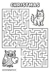 Printable Maze 'The owl with a heart is looking for the way to the cat'